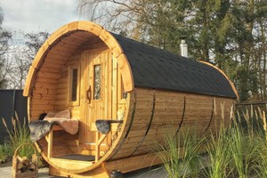 Barrelsauna thermowood L350 D227 - met omkleedruimte - met terras